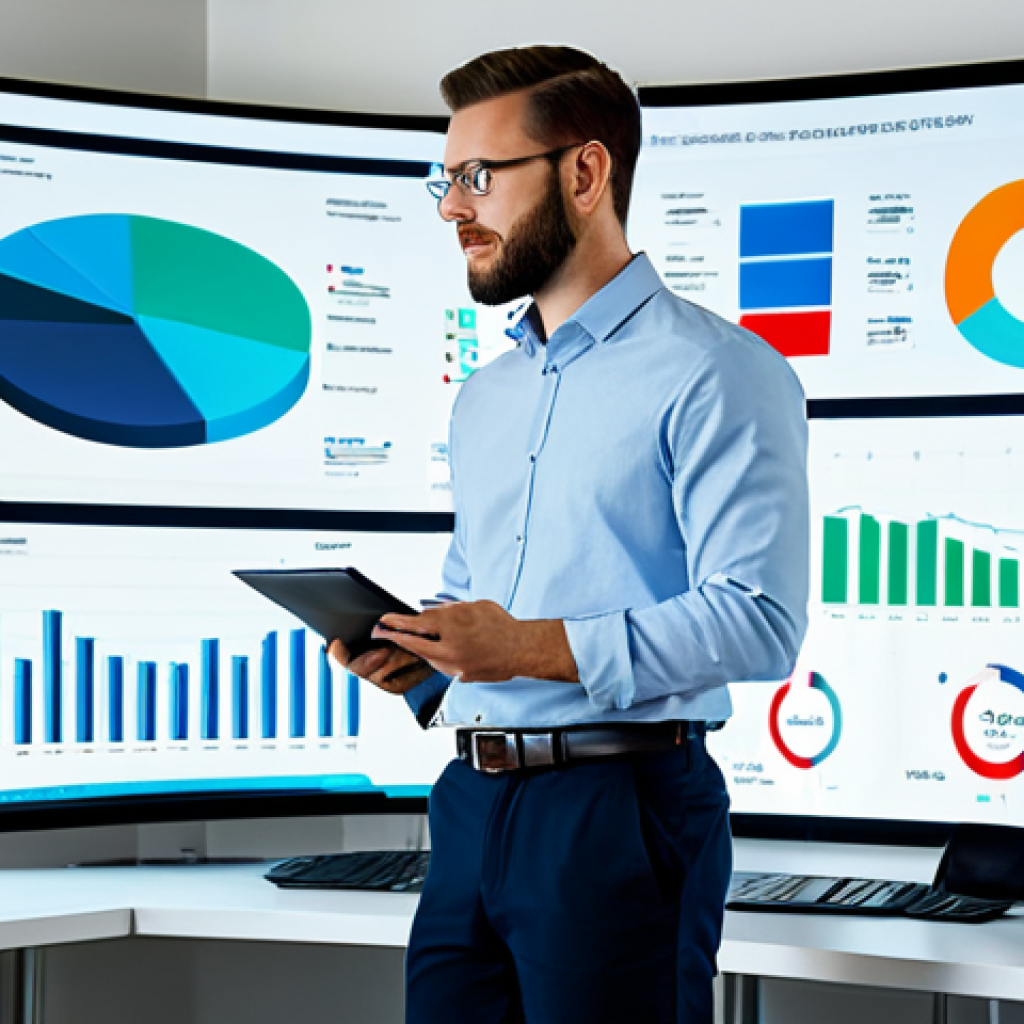 A professional male content strategist, fully clothed in a modest business casual shirt and trousers, standing in a sleek, modern tech office. He is looking at large holographic screens displaying complex data visualizations, charts, and audience engagement metrics, with a focused and analytical expression. The environment is well-lit, futuristic, and clean. This image captures the essence of leveraging AI and data for content insights. Professional photography, high resolution, perfect anatomy, correct proportions, natural pose, well-formed hands, proper finger count, natural body proportions, safe for work, appropriate content, fully clothed, modest, professional.