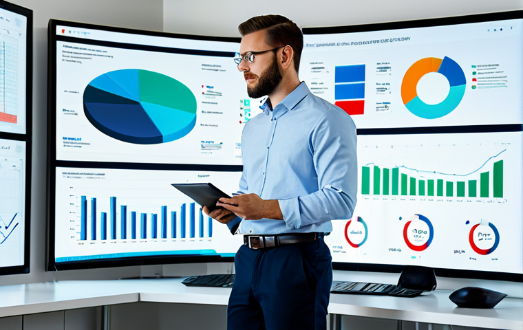 A professional male content strategist, fully clothed in a modest business casual shirt and trousers, standing in a sleek, modern tech office. He is looking at large holographic screens displaying complex data visualizations, charts, and audience engagement metrics, with a focused and analytical expression. The environment is well-lit, futuristic, and clean. This image captures the essence of leveraging AI and data for content insights. Professional photography, high resolution, perfect anatomy, correct proportions, natural pose, well-formed hands, proper finger count, natural body proportions, safe for work, appropriate content, fully clothed, modest, professional.