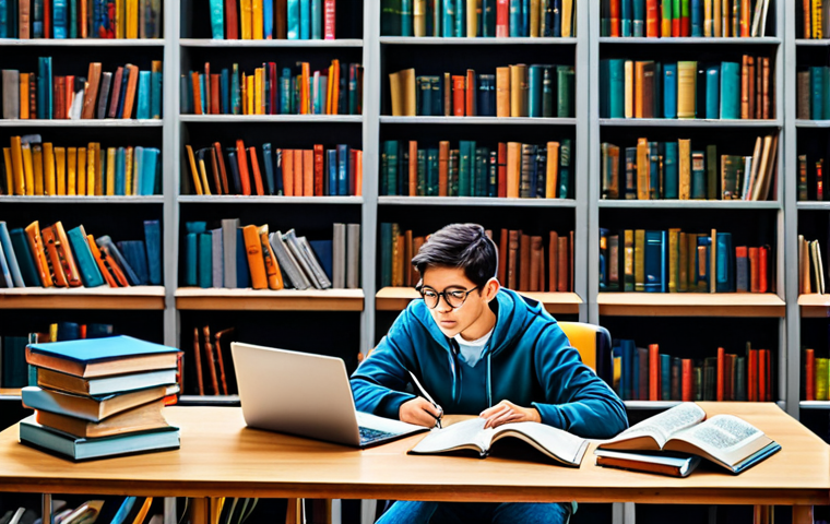 콘텐츠 크리에이터의 자기 계발 습관 - Growth Mindset - Studying**
"A student, fully clothed in casual attire, studying diligently at a li...
