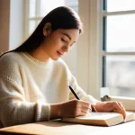 Home 22 콘텐츠 크리에이터로 성공한 사람들의 사례 - **Prompt:** A young woman, approximately 28-32 years old, with a warm, thoughtful expression, sits c...