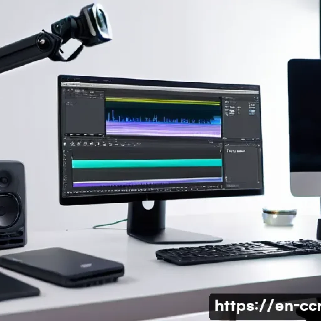 콘텐츠 크리에이터 실기시험 합격 전략 - A professional video editor&rsquo;s workspace featuring a sleek modern desk with dual monitors displaying ...