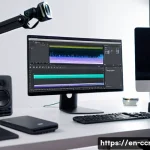 Home 21 콘텐츠 크리에이터 실기시험 합격 전략 - A professional video editor’s workspace featuring a sleek modern desk with dual monitors displaying ...
