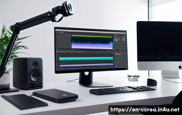 콘텐츠 크리에이터 실기시험 합격 전략 - A professional video editor&rsquo;s workspace featuring a sleek modern desk with dual monitors displaying ...