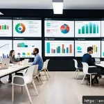 Home 20 콘텐츠 트렌드 분석 방법 - A modern digital marketing team collaborating in a bright, open office space filled with multiple la...