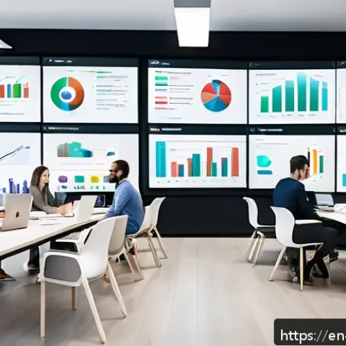 Home 32 콘텐츠 트렌드 분석 방법 - A modern digital marketing team collaborating in a bright, open office space filled with multiple la...