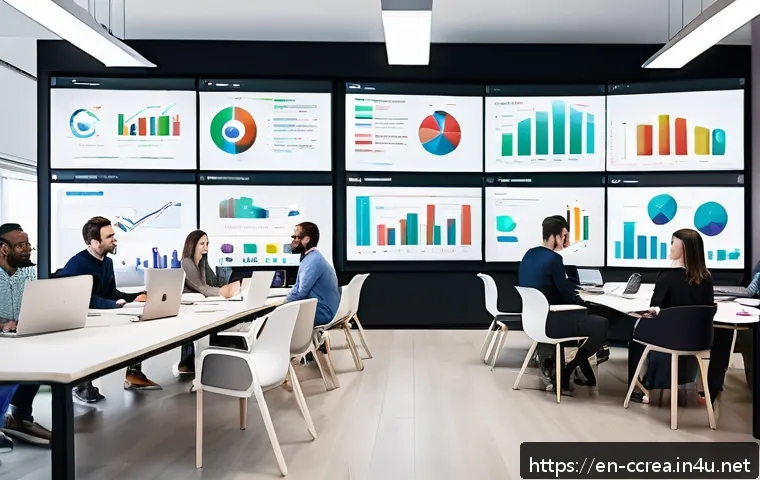 콘텐츠 트렌드 분석 방법 - A modern digital marketing team collaborating in a bright, open office space filled with multiple la...