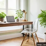 Home 19 콘텐츠 제작자의 업무 스트레스 관리 방법 - A serene home office bathed in soft natural morning light, featuring a minimalist, decluttered desk ...