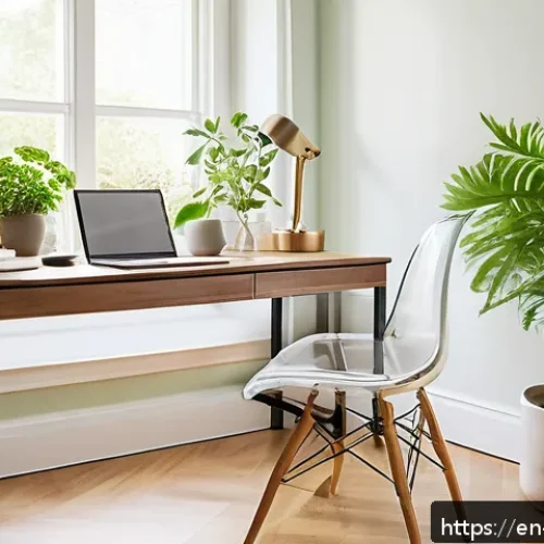 Home 31 콘텐츠 제작자의 업무 스트레스 관리 방법 - A serene home office bathed in soft natural morning light, featuring a minimalist, decluttered desk ...
