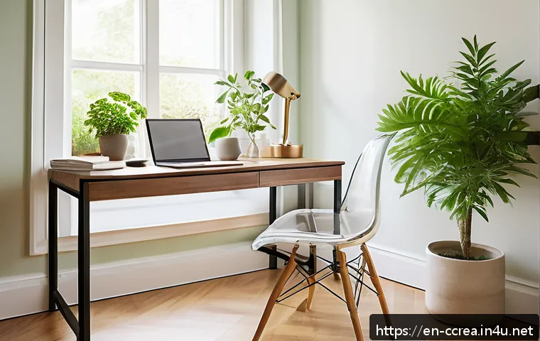 콘텐츠 제작자의 업무 스트레스 관리 방법 - A serene home office bathed in soft natural morning light, featuring a minimalist, decluttered desk ...