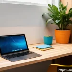 Home 23 콘텐츠 크리에이터 자격증 필기시험 공부법 - A cozy, modern study nook bathed in natural light, featuring a clean wooden desk with an open laptop...