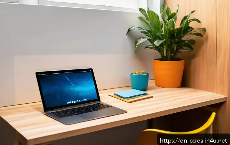 콘텐츠 크리에이터 자격증 필기시험 공부법 - A cozy, modern study nook bathed in natural light, featuring a clean wooden desk with an open laptop...